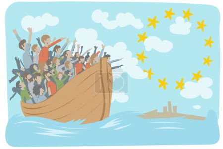 Téléchargez les photos : Migration des réfugiés dans le bateau de l'Afrique vers l'Europe, demandeur d'asile. illustration vectorielle - en image libre de droit