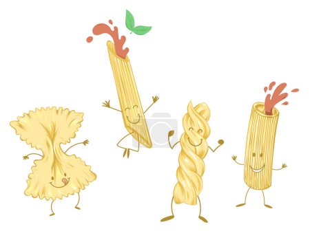 Téléchargez les photos : Personnages de pâtes de bande dessinée, nourriture de macaronis italiens heureux. illustration vectorielle - en image libre de droit