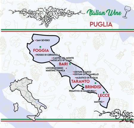 Téléchargez les photos : Carte des vins typiques des Pouilles, Italie. illustration vectorielle - en image libre de droit