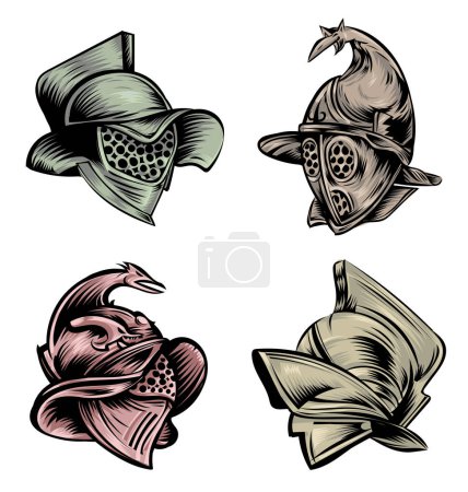 Téléchargez les photos : Roman gladiator armour helmets set . hand drawn, vector illustration - en image libre de droit