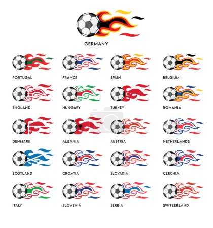 Téléchargez les photos : Ballon de football avec drapeaux flammes du tournoi de football européen 2024. illustration vectorielle sur fond blanc - en image libre de droit