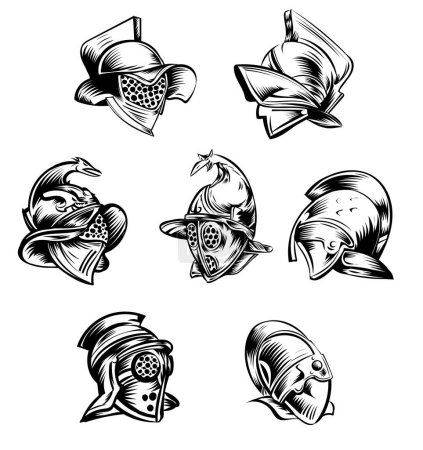 Téléchargez les photos : Esquisse de casques blindés gladiateur romain ensemble. illustration vectorielle noir et blanc - en image libre de droit