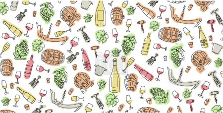 Illustration for Colorful wine elements hand drawn, doodle and vector illustration icons set - Royalty Free Image