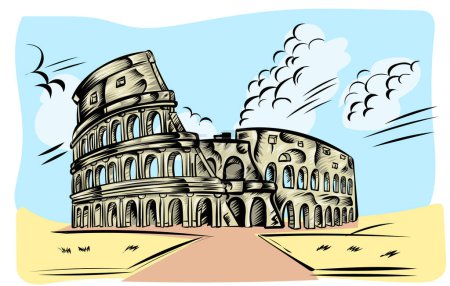 Téléchargez les photos : Colisée Rome dessiné à la main sur l'icône de fond du ciel. illustration vectorielle - en image libre de droit