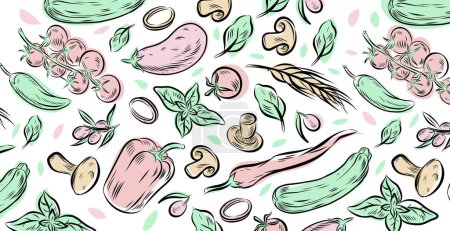 Photo for Vegetables hand drawn colorful doodle pattern. Illustration for backgrounds, card, posters, banners, textile prints, cover - Royalty Free Image