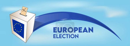 Illustration for European elections  with European flag, ballot box on sky background. - Royalty Free Image