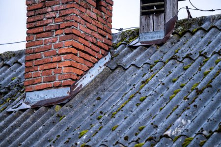 Les toits en amiante dangereux sont encore communs dans les partis de la pauvreté des Carpates en Pologne et en Ukraine. Tuile asphaltique sur le toit de la grange, Montagnes Bieszczady, Pologne.