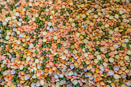 Foto de A mixture of legume seeds:lentils, mung beans, peas and chickpeas. - Imagen libre de derechos