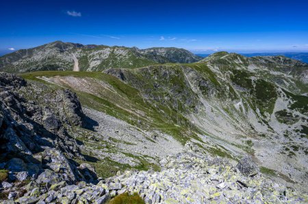Téléchargez les photos : Jour d'été paysage de montagne. Montagnes rocheuses vertes et ciel bleu. Les monts Parang, Roumanie. - en image libre de droit