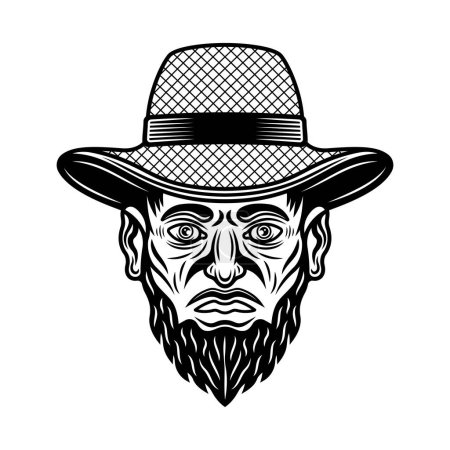 Cabeza de granjero en sombrero de paja con ilustración monocromática de vector de barba en estilo vintage aislado en blanco