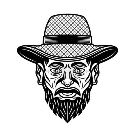 Illustration for Farmer head in straw hat with mustache and beard vector monochrome illustration in vintage style isolated on white - Royalty Free Image