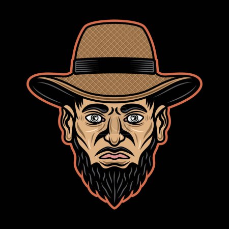 Illustration for Farmer head in straw hat with beard vector illustration in colorful style on dark background - Royalty Free Image