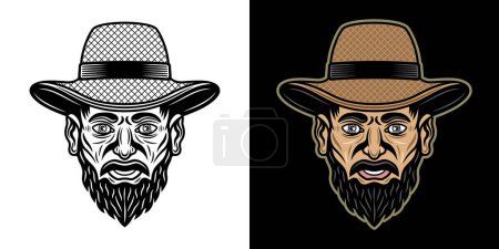 Illustration for Farmer head in straw hat with mustache and beard vector illustration in two styles black on white and colored on dark background - Royalty Free Image