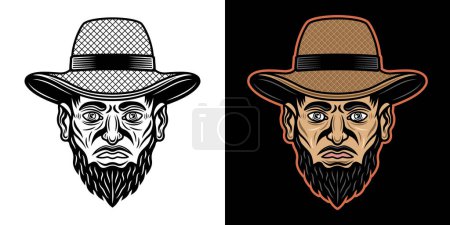 Illustration for Farmer head in straw hat with beard vector illustration in two styles black on white and colored on dark background - Royalty Free Image