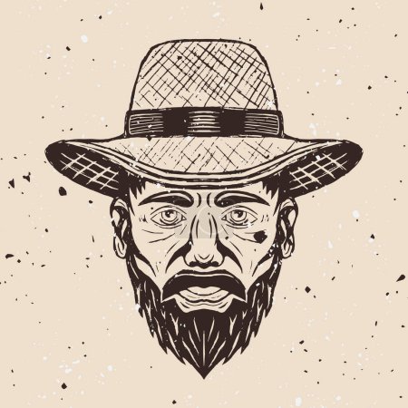 Farmer head in straw hat with mustache and beard vector illustration in hand drawn vintage style on background with removable textures
