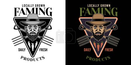 Ilustración de Mercado de agricultores y productos orgánicos emblema vectorial, logotipo, insignia o etiqueta en dos estilos negro sobre blanco y colorido sobre fondo oscuro - Imagen libre de derechos
