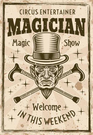 Magic show vintage poster with with magician in cylinder hat and two crossed canes vector illustration. Layered, separate texture and text