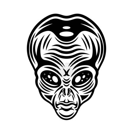 Téléchargez les illustrations : Illustration vectorielle visage extraterrestre ou humanoïde en style vintage monochrome isolé sur blanc - en licence libre de droit
