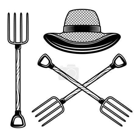 Téléchargez les photos : Ensemble agricole d'objets vectoriels dos, éléments fourchette agriculteur, chapeau de paille isolé sur blanc - en image libre de droit