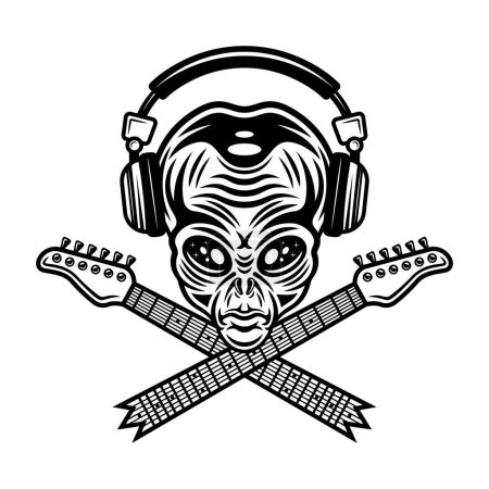 Ilustración de Cabeza alienígena en auriculares y dos cruzados guitarra cuello vector ilustración en estilo monocromo vintage aislado en blanco - Imagen libre de derechos