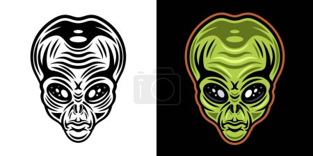 Ilustración de Ilustración del personaje de vector de cara humanoide o cabeza alienígena en dos estilos negro sobre blanco y coloreado sobre fondo oscuro - Imagen libre de derechos