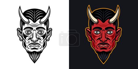 Illustration for Devil or lucifer head with horns in two styles black on white and colored on dark background vector illustration - Royalty Free Image