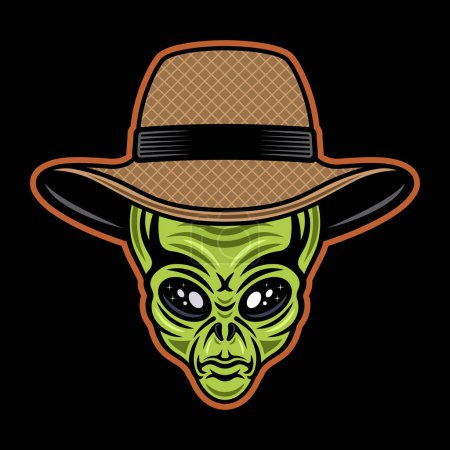 Illustration for Alien head in straw farmer hat colorful vector character illustration in cartoon style on dark background - Royalty Free Image