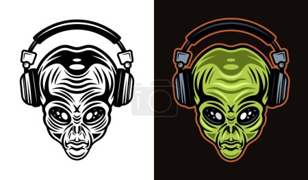 Ilustración de Cabeza alienígena en auriculares vector ilustración en dos estilos negro sobre blanco y colorido sobre fondo oscuro - Imagen libre de derechos