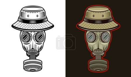 Ilustración de Máscara de gas en la ilustración vectorial sombrero de cubo en dos estilos negro sobre blanco y de color sobre fondo oscuro - Imagen libre de derechos
