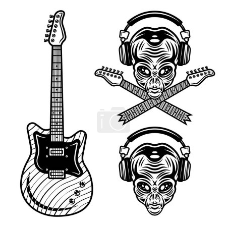 Ilustración de Conjunto de música rock de objetos vectoriales, cabeza alienígena en auriculares y guitarra. Ilustraciones monocromáticas aisladas en blanco - Imagen libre de derechos