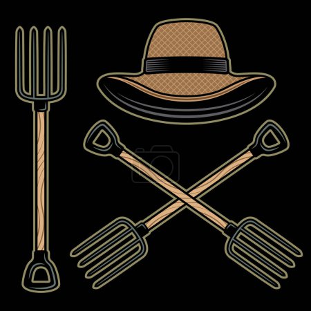 Téléchargez les illustrations : Ensemble agricole d'objets vectoriels de dos, éléments fourchette agriculteur, chapeau de paille coloré sur fond sombre - en licence libre de droit