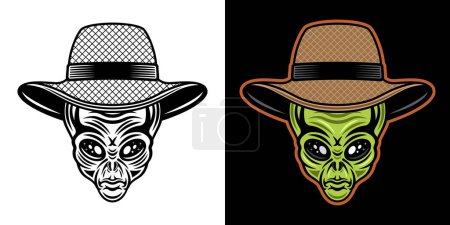 Ilustración de Cabeza alienígena en paja granjero sombrero vector carácter ilustración en dos estilos negro sobre blanco y coloreado sobre fondo oscuro - Imagen libre de derechos