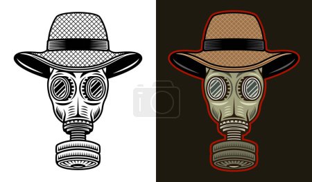 Téléchargez les illustrations : Masque à gaz en chapeau de paille illustration vectorielle en deux styles noir sur blanc et coloré sur fond sombre - en licence libre de droit