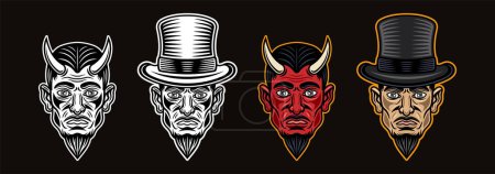 Illustration for Devil or lucifer head with horns and in cylinder hat characters set of vector colorful, black and white objects or elements - Royalty Free Image