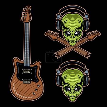 Ilustración de Conjunto de música rock de objetos vectoriales, cabeza alienígena en auriculares y guitarra. Ilustraciones coloridas sobre fondo oscuro - Imagen libre de derechos