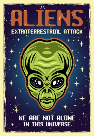 Téléchargez les photos : Alien vert tête vecteur coloré dessin animé affiche décorative avec textures et texte sur des couches séparées - en image libre de droit