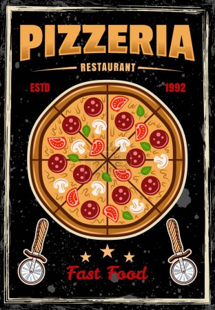 Téléchargez les illustrations : Affiche colorée vintage Pizzeria avec pizza vue sur le dessus. Illustration vectorielle avec textures et texte sur calques séparés - en licence libre de droit