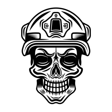 Téléchargez les illustrations : Crâne de soldat dans l'illustration vectorielle de casque de protection dans le style monochrome vintage isolé sur blanc - en licence libre de droit