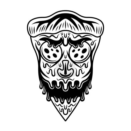 Téléchargez les illustrations : Crâne de pizza, illustration fantasmagorique vectorielle de restauration rapide dans un style monochrome vintage isolé sur blanc - en licence libre de droit