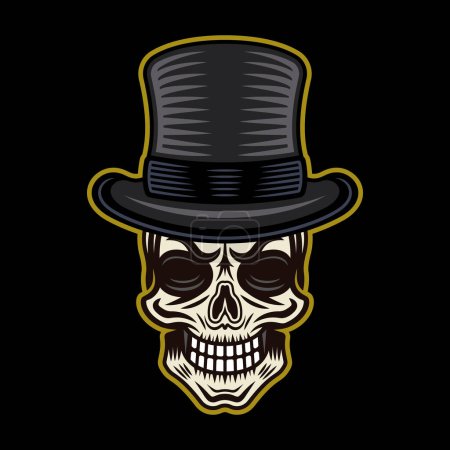 Ilustración de Caballero cráneo en el cilindro sombrero vector ilustración en estilo colorido vintage sobre fondo oscuro - Imagen libre de derechos