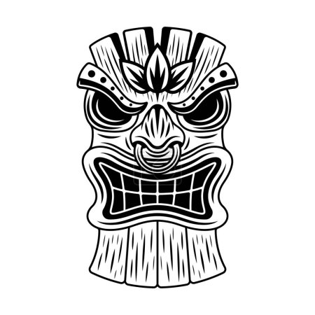 Téléchargez les illustrations : Illustration vectorielle tête en bois Tiki dans un style vintage monochrome isolé sur blanc - en licence libre de droit