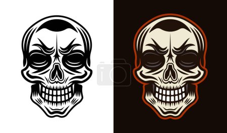 Ilustración de Ilustración de caracteres vectoriales de cráneo en dos estilos negro sobre blanco y coloreado sobre fondo oscuro - Imagen libre de derechos
