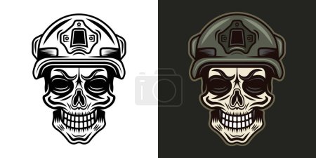 Ilustración de Cráneo de soldado en la ilustración protectora del vector del casco en dos estilos monocromo en blanco y coloreado sobre fondo oscuro - Imagen libre de derechos