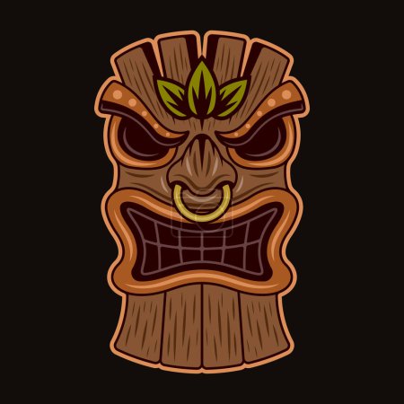 Téléchargez les illustrations : Illustration vectorielle de tête en bois Tiki dans un style de dessin animé coloré sur fond sombre - en licence libre de droit