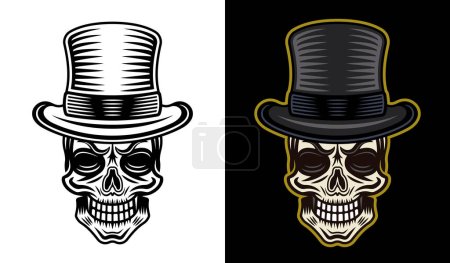 Téléchargez les illustrations : Crâne de gentilhomme en chapeau cylindre illustration vectorielle en deux styles monochrome sur fond blanc et coloré sur fond foncé - en licence libre de droit