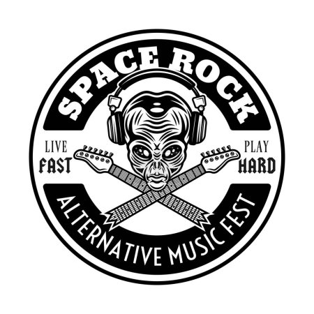 Illustration for Rock music festival vector round emblem, label, badge or logo with alien head in headphones and two crossed guitar necks. Monochrome style isolated on white - Royalty Free Image