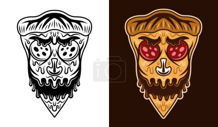 Téléchargez les illustrations : Crâne de pizza, illustration fantasmagorique de personnages vectoriels de restauration rapide en deux styles noir sur blanc et coloré sur fond sombre - en licence libre de droit