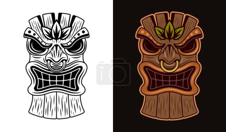 Téléchargez les illustrations : Illustration vectorielle de tête en bois Tiki en deux styles noir sur blanc et coloré sur fond sombre - en licence libre de droit