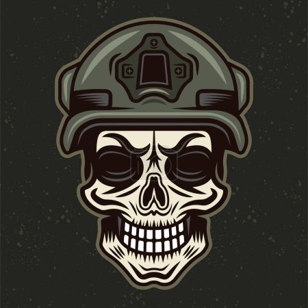 Ilustración de Cráneo de soldado en la ilustración vector casco protector en estilo de color vintage sobre fondo oscuro - Imagen libre de derechos