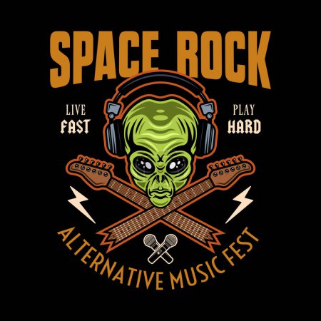 Ilustración de Festival de música rock espacial emblema vectorial, etiqueta, insignia o logotipo con cabeza alienígena verde y cuellos de guitarra rotos cruzados. Ilustración colorida sobre fondo oscuro - Imagen libre de derechos